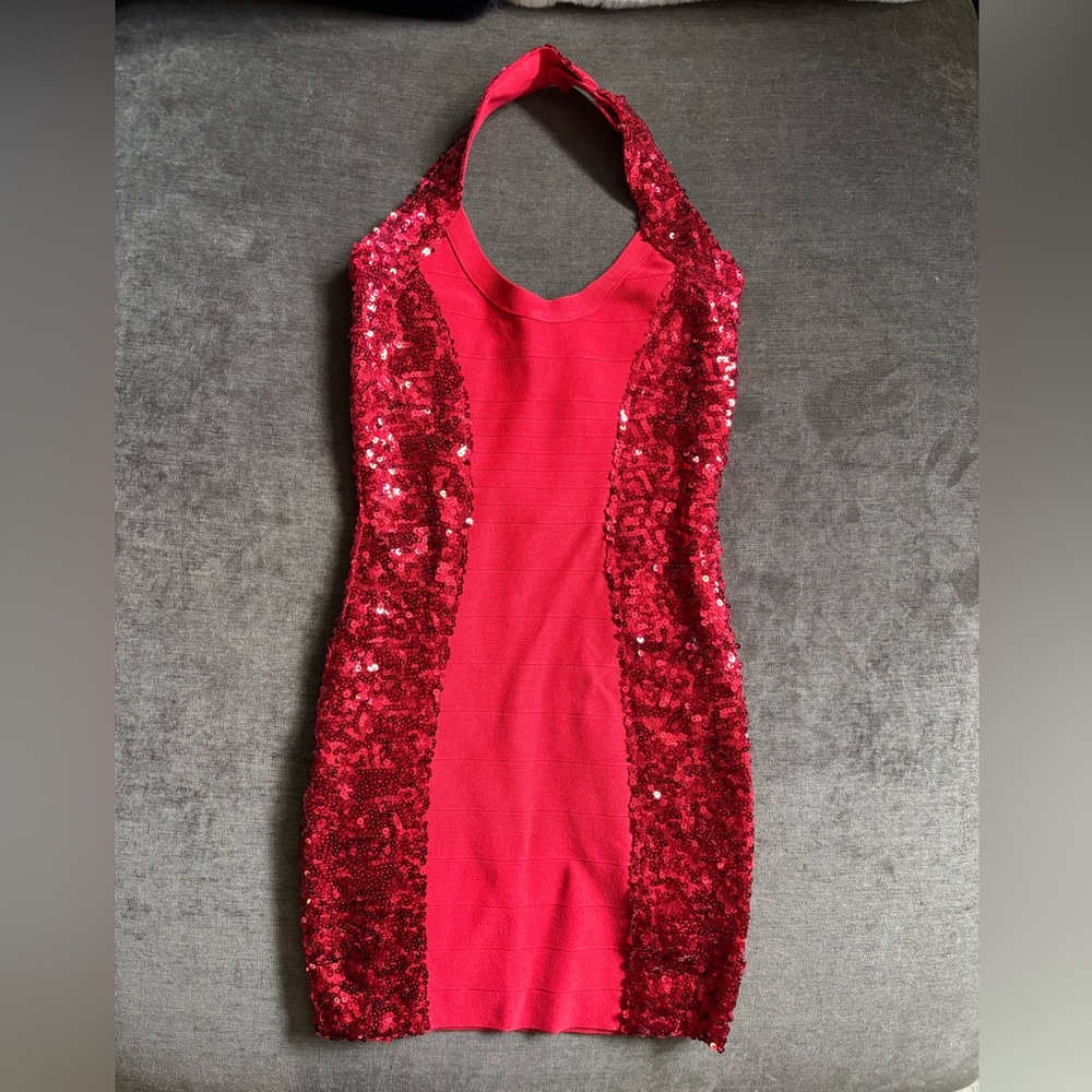 Guess Red Sequin Halter Mini Dress